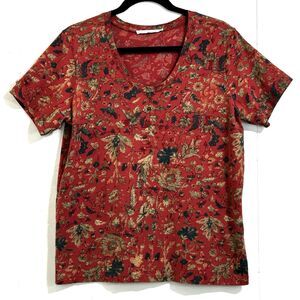 Peruvian Connection Women T Shirt Size Medium Cotton Floral Short Sleeve Blouse